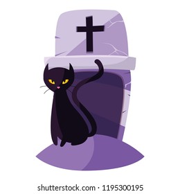 halloween black cat with gravestone
