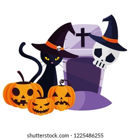 halloween black cat with gravestone character
