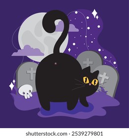 Halloween schwarze Katze auf Friedhof mit Vollmond, Grabsteinen, und Schädel, gruselige Szene, Vektorgrafik