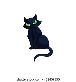Halloween black cat with green eyes icon in cartoon style on a white background