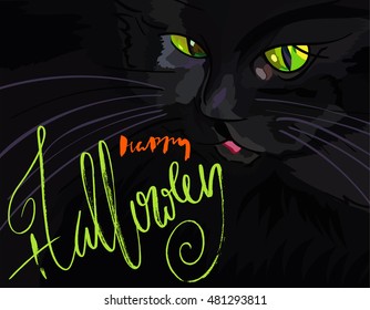 Halloween black cat with green eyes. Halloween handwritten lettering. Vector illustration. EPS10