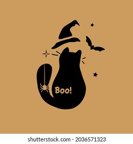 Halloween black cat  hand drawn vector illustration. Halloween illustration. Cat silhouette, magic hat, bat, spider and stars illustration