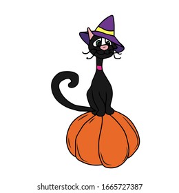 Halloween, a black cat in a hat sits on a pumpkin . Colorful silhouette. Children's flat vector design on a white isolated background.
