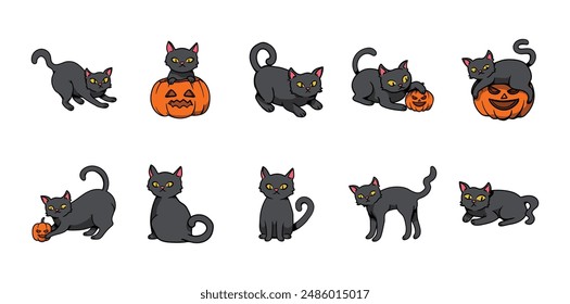 Halloween Black Cat Illustration Set