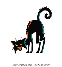 Halloween black cat isolated. Aggressive evil animal with an upward curved back, open mouth and fangs. Angry cat hissing. Hand drawn. Vector illustration.