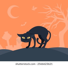 Halloween black cat. Kitten and domestic animal. Spooky and creepy character. International autumn holiday of fear and horror. Pet and mammal. Flat vector illustration