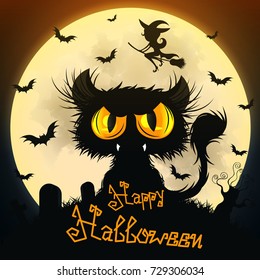 Halloween Black Cat Moon Night Sky.