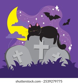 Halloween black cat napping on gravestone with crescent moon and bats, Vector illustration