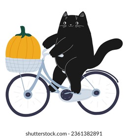 Gato negro de Halloween en bicicleta con calabaza. Caricatura del gato. Gatito en bicicleta. Festival de la cosecha. Ilustración de dibujos animados planos vectoriales en un fondo blanco.