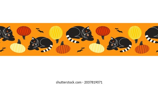 Halloween black cat on pumpkin seamless vector border. Scary kitty, pumpkin cartoon design element. Halloween pattern frame. October spooky holiday decorative ribbon, celebration invitation background