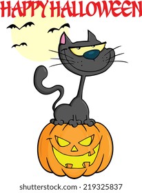 Halloween Black Cat On Pumpkin Cartoon Character With Text