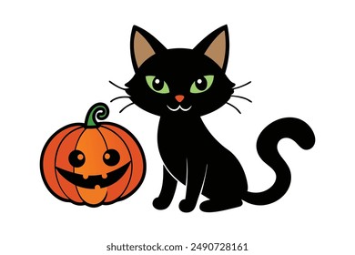 Halloween black cat on the pumpkin vector illustration.