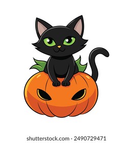 Halloween black cat on the pumpkin vector illustration.