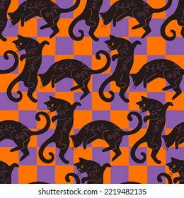 Gato negro de Halloween sobre el patrón transparente del vector de fondo morado y naranja del verificador