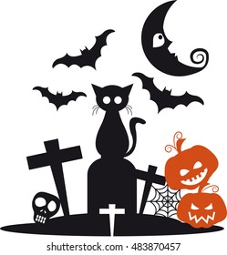 Halloween with black cat on top of a grave with bats