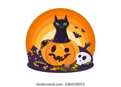 Halloween Black Cat pinkelt aus grauem Kürbis, der mit Bonbons und festlichen Halloween-Elementen geschmückt ist. Arkane Gegenstände für Hexerei und Rituale. Cartoon-Vektorgrafik einzeln auf weißem Hintergrund