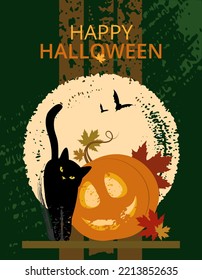 Halloween black cat with a pumpkin against the background of the full moon and a wood