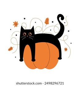 Halloween black cat with pumpkin and autumn leaves. Vector illustration