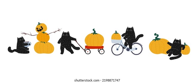 Halloween black cat, pumpkin, bicycle, red wagon. Cute kawaii animal. Harvest Vegetables festival. Kitten on bike. Stock vector flat cartoon illustration.