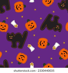 Halloween black cat, pumpkin and candle seamless cute pattern. For backdrop, wrapping paper, fabric, wallpaper. fashion prints. Printing with in hand drawn style Pastel background.
