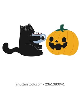Halloween black cat with pumpkin. Cartoon cat character with cup of cocoa. Kitten with coffee and tea. Vector illustration isolated on white background.