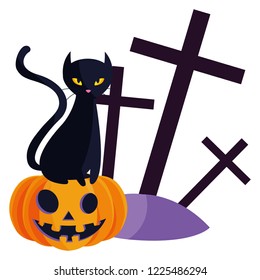 halloween black cat with pumpkin character