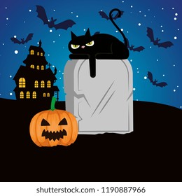 halloween black cat with pumpkin and gravestone