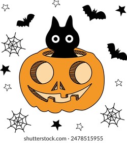 Halloween Black Cat in Pumpkin Illustration - Cute Cartoon with Bats, Spider Webs, and Stars - Hand-drawn Vector for Halloween Decorations, Cards, Sticker and T-Shirts