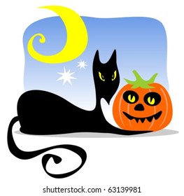 Halloween black cat with pumpkin and moon on a blue background.