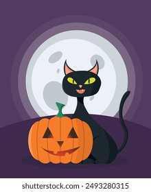 Halloween black cat with pumpkin on moon background. Cute cartoon character. Vector illustration.