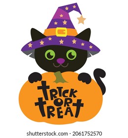Dibujo de dibujos animados del vector de calabaza y gato negro de Halloween