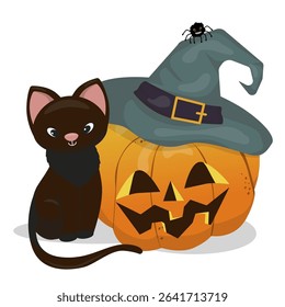 Halloween Black Cat and Pumpkin Vector Illustration with Spider