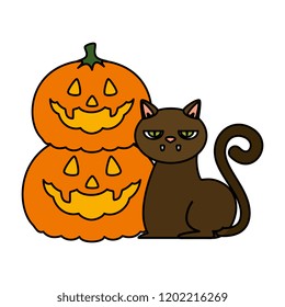 halloween black cat with pumpkins