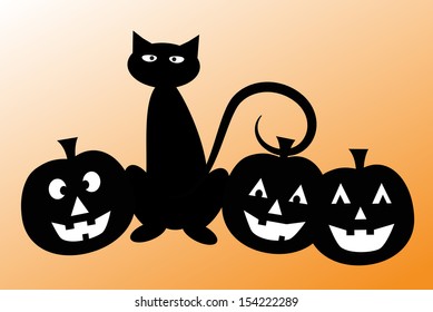 Halloween Black Cat and Pumpkins