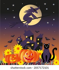 Halloween. A black cat and pumpkins against the background of a mysterious castle and a witch flying on a broomstick against the background of a full moon and a night sky. Idea for invitation, poster.