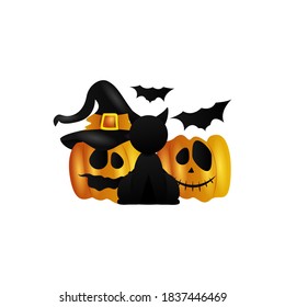 Gato negro de Halloween, calabazas y vectores de diseño de murciélagos aislados en fondo blanco