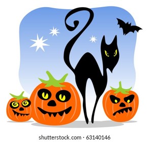 Halloween black cat with pumpkins  on a blue background.
