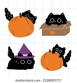 Halloween black cat and pumpkins set vector illustration