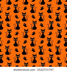 Halloween schwarze Katze nahtloses Muster-Design. Mit vintage schwarzen Geistern auf orangefarbenem Hintergrund. Vektorgrafik-Design für Papierdruck, Tapete, Stoff, Textil, Kleidung,