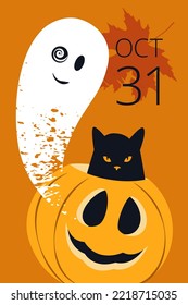 halloween black cat sits in an orange pumpkin and a cute ghost flies around