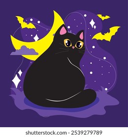 Halloween black cat sitting with crescent moon and bats, spooky purple night sky, Vector illustration