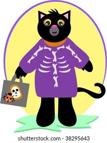 Halloween Black Cat with Skeleton Costume Vector