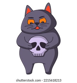 Halloween black cat with a skull in his hands .A scared cat.Frightened kitty.Hand drawn  illustration.Isolated on white background.