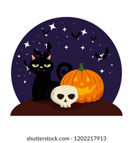 halloween black cat with skull and pumpkin