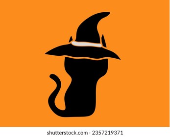 Halloween black cat. Vector animal isolated on white and orange background. Witch cat in hat
