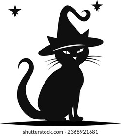 Halloween black cat. Vector animal isolated on white background. Witch cat in hat