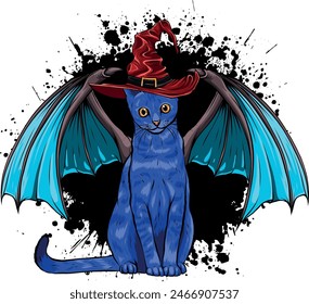 Halloween black cat. Vector animal isolated on white background. Witch cat in hat