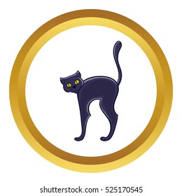 Halloween black cat vector icon in golden circle, cartoon style isolated on white background