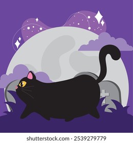 Halloween black cat walking near gravestones with full moon and spooky atmosphere, Vector illustration