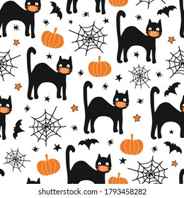 Halloween Black Cat Wearing Face Mask Seamless Vector Pattern. Corona Halloween 2020 Repeating Background. Cute Hand Drawn Illustration For Kids. Use For Fabric, Face Mask, Cards, Party Invitations.